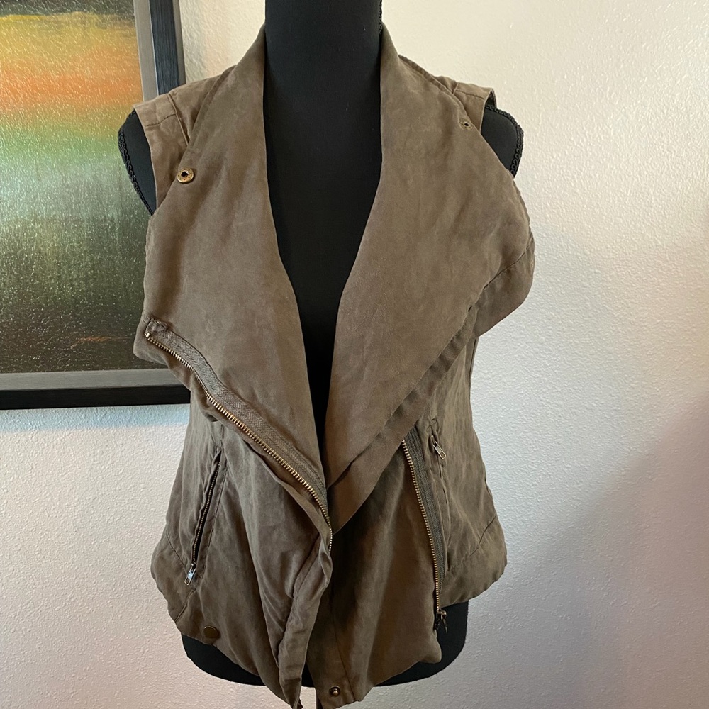 Women’s Greenish Brown Vest Top Jacket Gold Tone Buttons Zipper Grunge 90’s Y2K